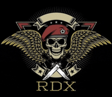 a skull wearing a red beret with wings and crossed knives with rdx written below it