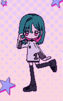 a pixel art of a girl with the number 1 on her sweater