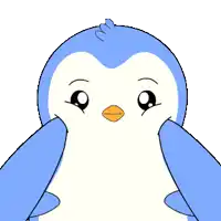 a blue and white penguin with a red beak is making a funny face