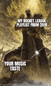 a painting of a knight with a sword and a rocket league playlist from 2018 .