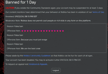 a screenshot of a banned for 1 day page