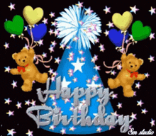 a birthday card with teddy bears holding balloons and a party hat