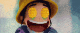 a cartoon character with corn on his eyes and a smile on his face