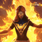 a poster for marvel contest of champions shows a woman in a fire suit