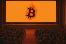 a group of people are sitting in front of a large screen with a burning b on it