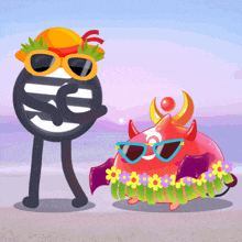 a cartoon character wearing sunglasses and a hat stands next to another character