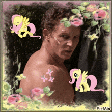 a picture of a man surrounded by flowers and ponies with picmix written on the bottom