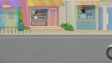 a cartoon of a man and a woman riding a scooter with a nick store in the background