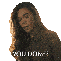 a woman in a brown jacket with the words " you done " on her face
