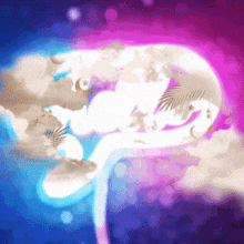 a painting of a person sleeping in the clouds with a purple and blue background