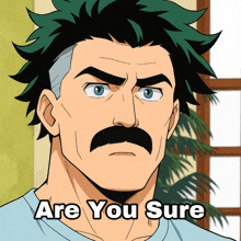 a cartoon of a man with a mustache and the words are you sure below him