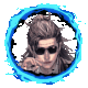 a man with long hair and sunglasses is in a blue circle on a white background .