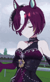 a girl in a purple dress is standing in a field