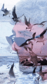 a painting of seagulls flying over the ocean with a woman 's face in the background