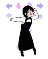a cartoon of a girl in an apron dancing with arrows pointing up and down