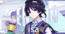 a boy in a hat is holding a cup of coffee and the word isa is on the bottom