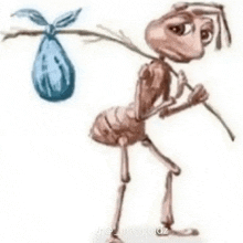 a drawing of an ant holding a blue bag