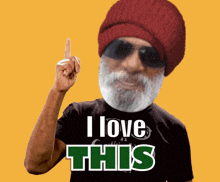 a man with a beard wearing a beanie and sunglasses says " i love this "