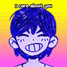 a cartoon of a boy with blue hair is smiling and says i care about you