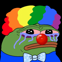 a cartoon of a green clown with a rainbow hat and a red nose