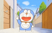 doraemon is a cartoon character that is walking down a street and waving .
