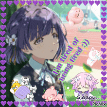 a picture of a girl with purple hair and the words i 'm tired of being tired