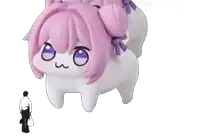 a man is standing next to a giant stuffed animal with a pink hair and purple eyes .