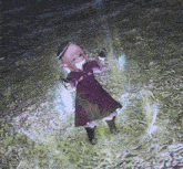 a girl in a purple dress is standing in a field