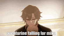 a cartoon of a man with the words aventurine falling for mika