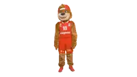 a mascot wearing a red jersey with the number 99