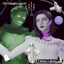 a picture of a man and a woman with ghosts and the words " did i scare you " at the bottom