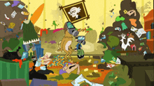 a cartoon scene with a dog wearing a gas mask and a picture of a man