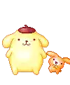a pixel art drawing of a pomeranian dog and a cat .
