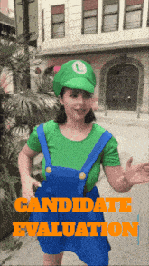 a woman in a mario costume stands in front of a building with the words " candidate evaluation " on the bottom