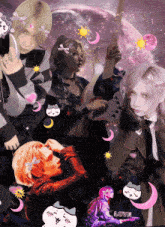 a girl with purple hair is holding a guitar and the word love is on the bottom