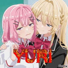 a girl with pink hair is hugging a blonde girl with blonde hair