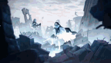 a couple of ghosts standing in a ruined city