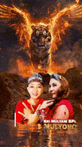 a poster for sri mulyani spc mulyono with a boy and a woman in front of a tiger