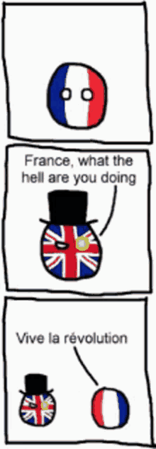 a cartoon of a british ball with a top hat talking to a french ball .