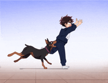 a boy is running with a dog and reaching out towards it