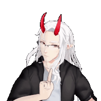 a man with long white hair and red horns is pointing