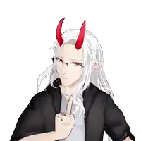 a man with long white hair and red horns is pointing