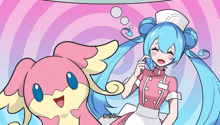 a cartoon of a girl with blue hair and a nurse hat