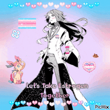 a drawing of a man and a cat with the words let 's take estrogen together