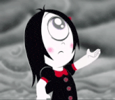 a cartoon character with a big eye and a sad face