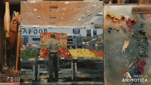 a painting of a man in front of a seafood sign