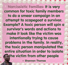 a shannon thomas quote about narcissistic families on a pink background