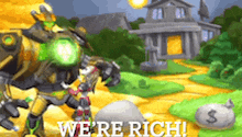 a robot is standing in front of a house with the words we 're rich