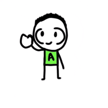 a stick figure wearing a green shirt with the letter a on it is waving .