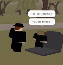 a man standing next to a grave with a speech bubble that says " hello mama "